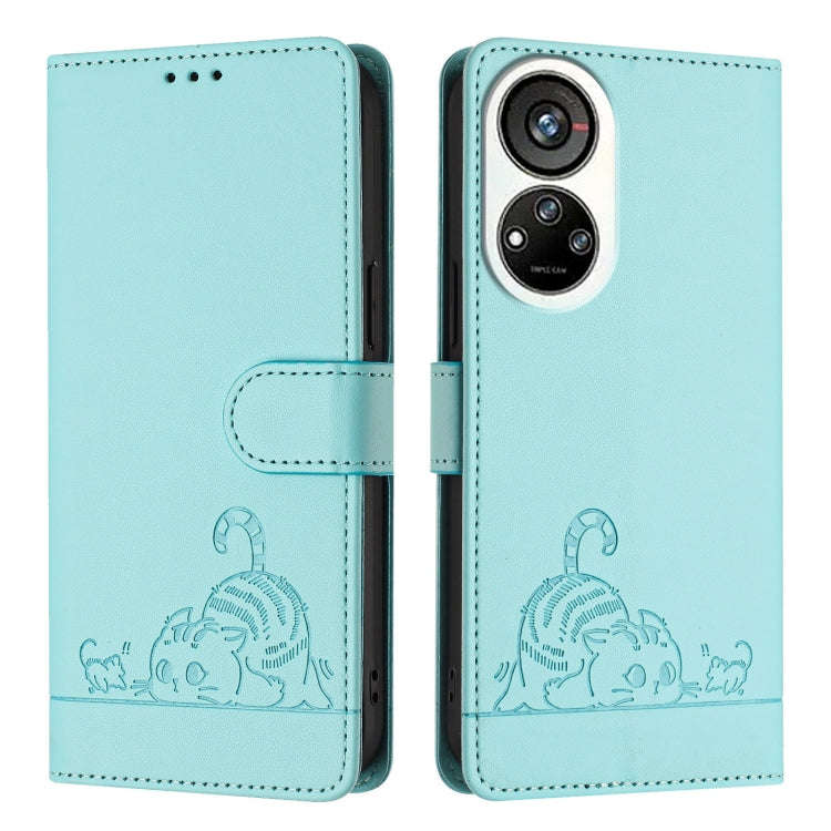 For ZTE Blade V40s Cat Rat Embossed Pattern RFID Leather Phone Case with Lanyard(Mint Green)