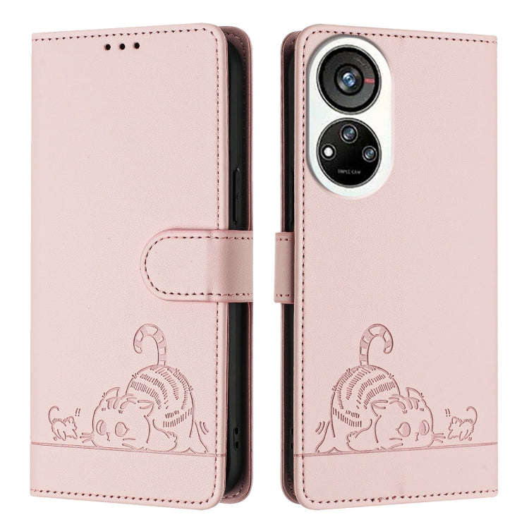 For ZTE Blade V40s Cat Rat Embossed Pattern RFID Leather Phone Case with Lanyard(Pink)