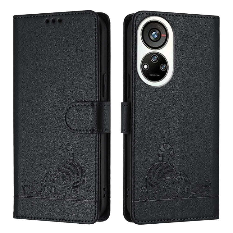 For ZTE Blade V40s Cat Rat Embossed Pattern RFID Leather Phone Case with Lanyard(Black)