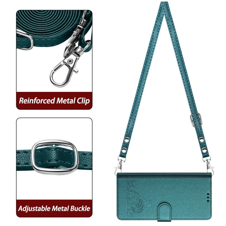 For ZTE Blade V40s Cat Rat Embossed Pattern RFID Leather Phone Case with Lanyard(Peacock Green)