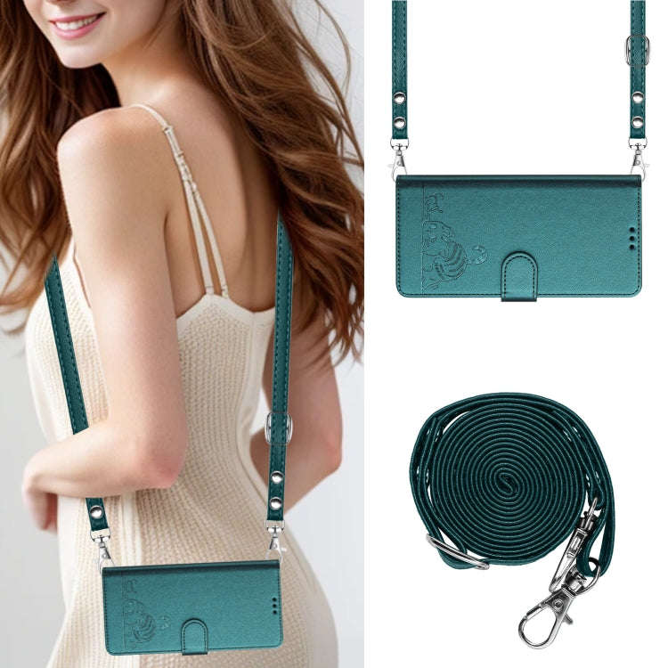 For ZTE Blade V40s Cat Rat Embossed Pattern RFID Leather Phone Case with Lanyard(Peacock Green)