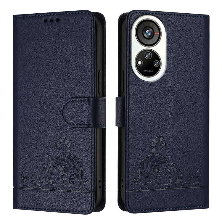 For ZTE Blade V40s Cat Rat Embossed Pattern RFID Leather Phone Case with Lanyard(Blue)