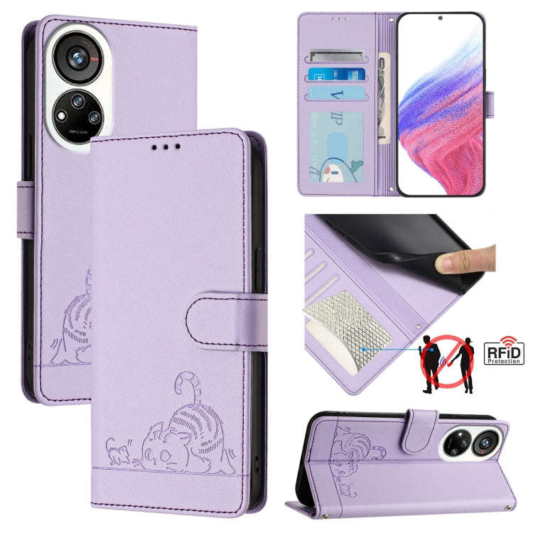 For ZTE Blade V40s Cat Rat Embossed Pattern RFID Leather Phone Case with Lanyard(Purple)