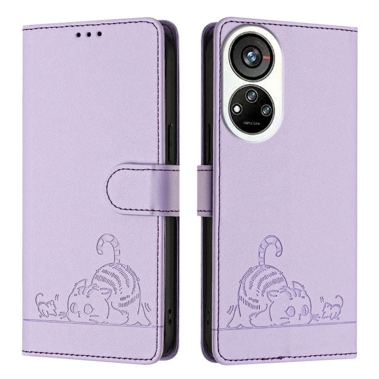 For ZTE Blade V40s Cat Rat Embossed Pattern RFID Leather Phone Case with Lanyard(Purple)