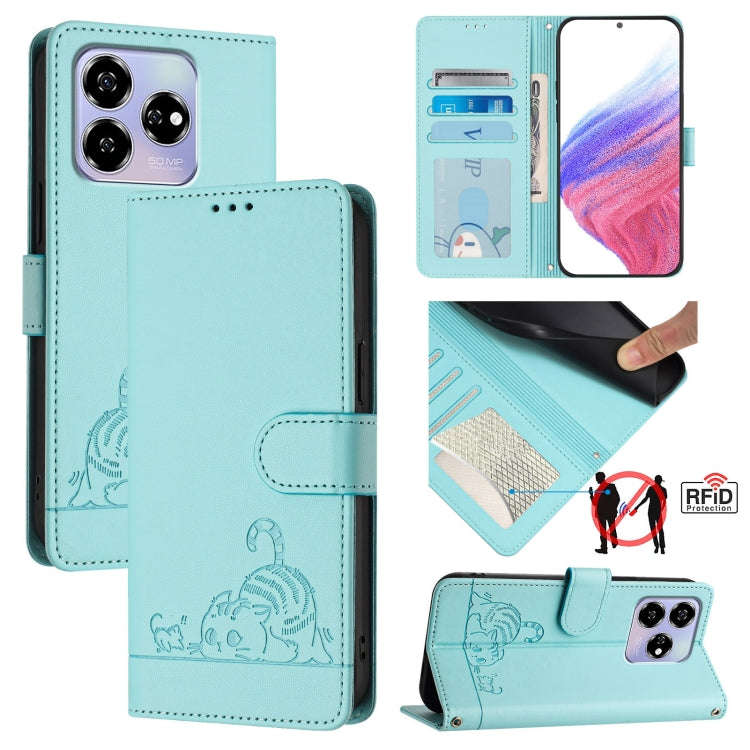 For ZTE Blade V60 / Axon 60 4G Cat Rat Embossed Pattern RFID Leather Phone Case with Lanyard(Mint...