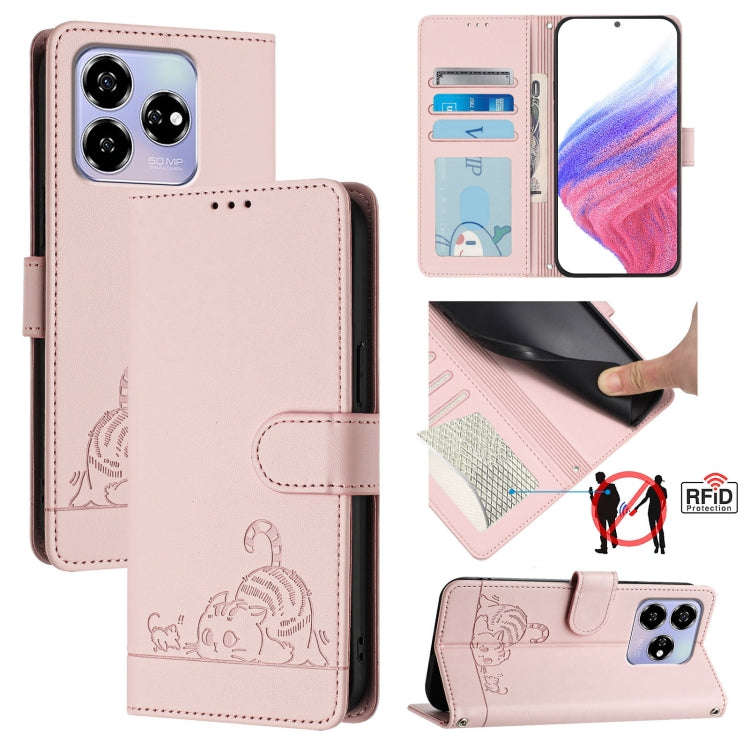 For ZTE Blade V60 / Axon 60 4G Cat Rat Embossed Pattern RFID Leather Phone Case with Lanyard(Pink)