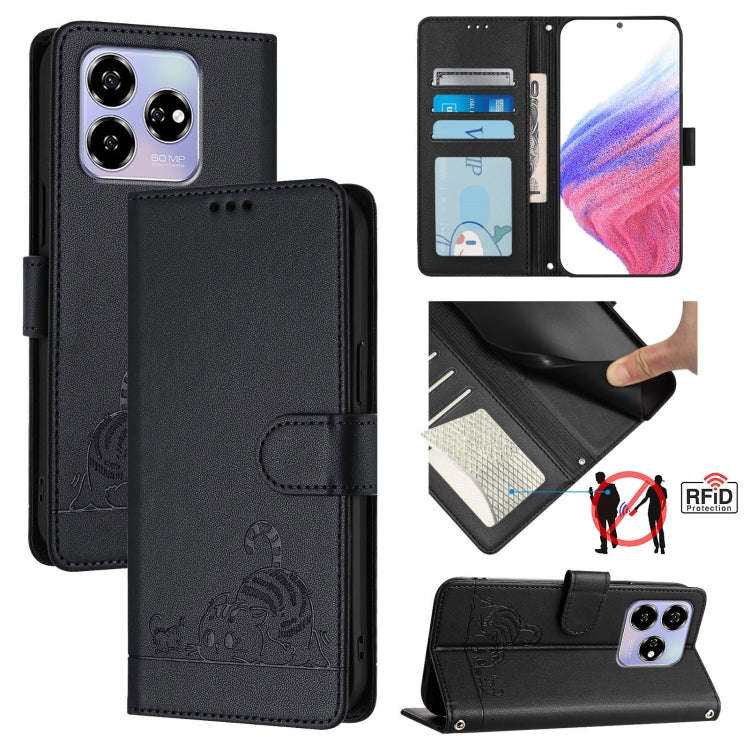 For ZTE Blade V60 / Axon 60 4G Cat Rat Embossed Pattern RFID Leather Phone Case with Lanyard(Black)