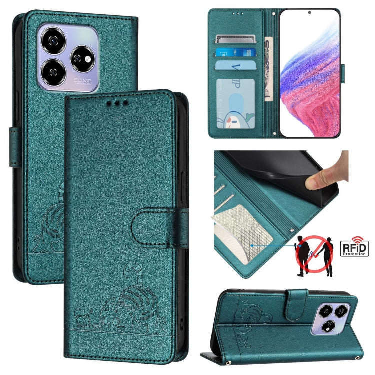 For ZTE Blade V60 / Axon 60 4G Cat Rat Embossed Pattern RFID Leather Phone Case with Lanyard(Peac...