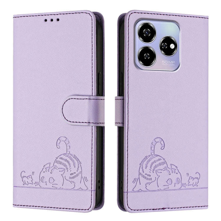 For ZTE Blade V60 / Axon 60 4G Cat Rat Embossed Pattern RFID Leather Phone Case with Lanyard(Purple)