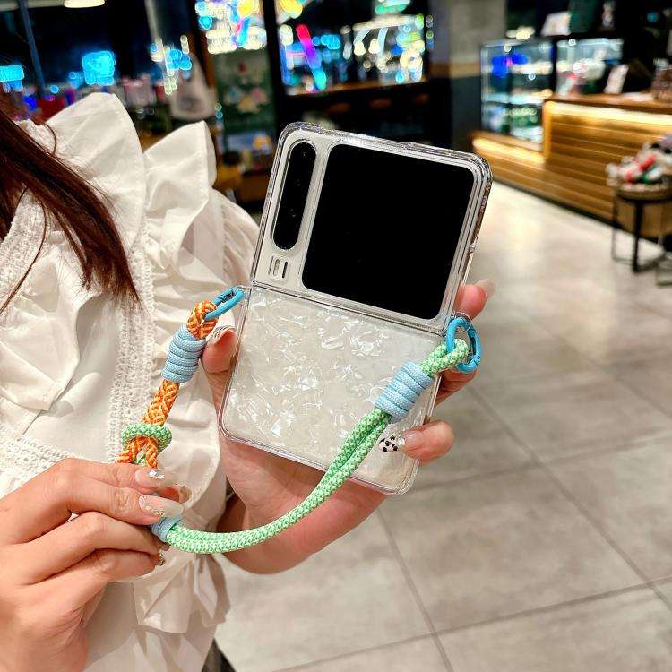 For Huawei Pura X Pearlescent Shell Texture Side Buckle Phone Case with Rainbow Bracelet(White)
