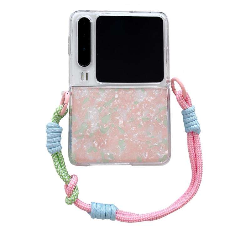 For Huawei Pura X Pearlescent Shell Texture Side Buckle Phone Case with Rainbow Bracelet(Pink Green)