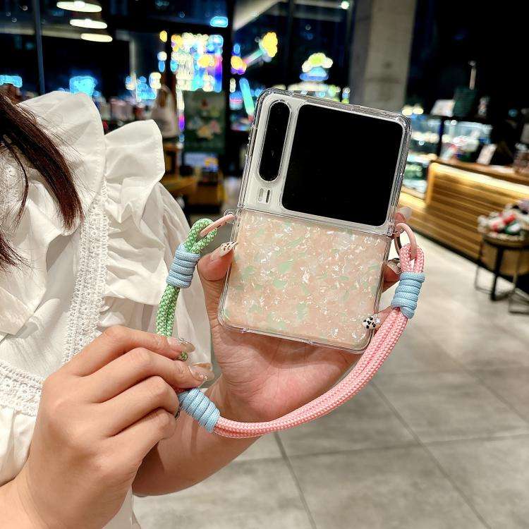 For Huawei Pura X Pearlescent Shell Texture Side Buckle Phone Case with Rainbow Bracelet(Pink Green)