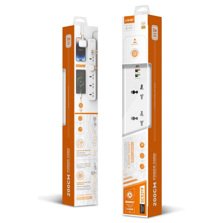 LDNIO SC5319 5-position Travel Home Office Socket with 38W USB Ports, Cable Length: 2m(US Plug)