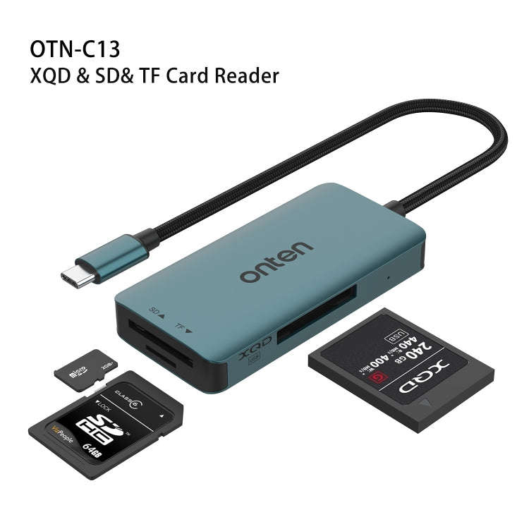 Onten C13 3 in 1 USB-C / Type-C to XQD & SD & TF Card Reader(Pine Green)