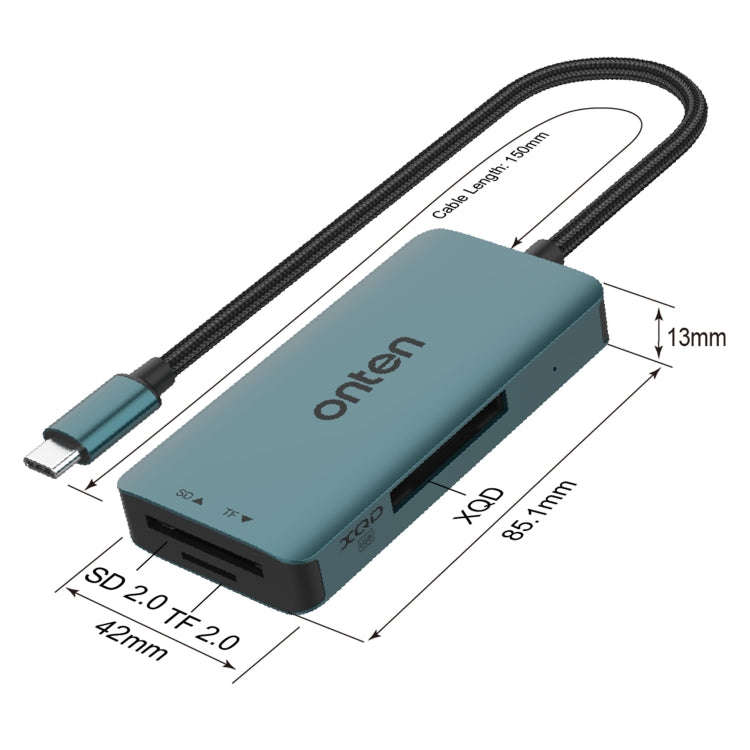 Onten C13 3 in 1 USB-C / Type-C to XQD & SD & TF Card Reader(Pine Green)