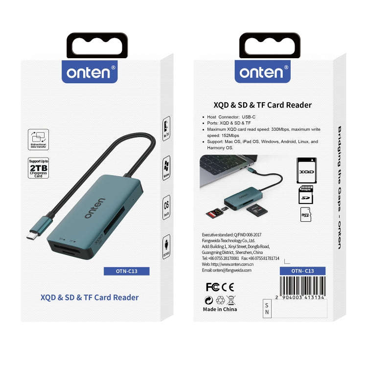 Onten C13 3 in 1 USB-C / Type-C to XQD & SD & TF Card Reader(Pine Green)