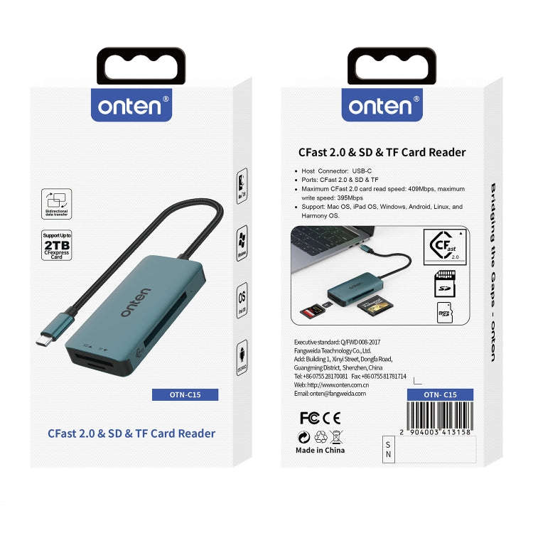 Onten C15 3 in 1 USB-C / Type-C to CFast 2.0 & SD & TF Card Reader(Pine Green)
