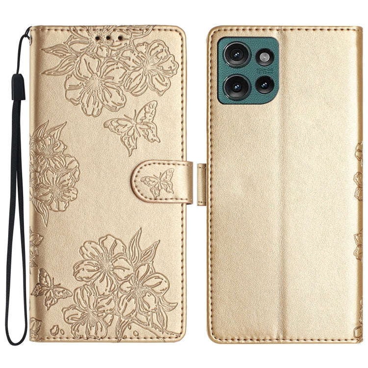 For Motorola Edge 50 5G Cherry Blossom Butterfly Skin Feel Embossed PU Phone Case(Gold)