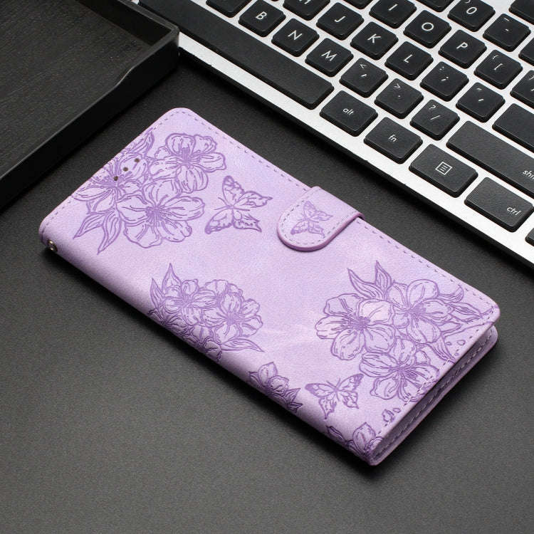 For Motorola Edge 50 Pro Cherry Blossom Butterfly Skin Feel Embossed PU Phone Case(Purple)