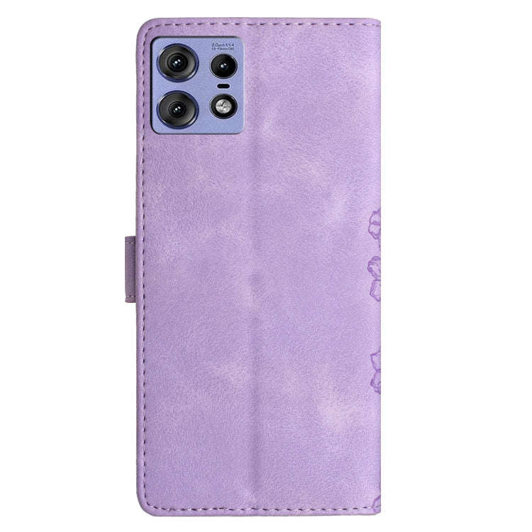For Motorola Edge 50 Pro Cherry Blossom Butterfly Skin Feel Embossed PU Phone Case(Purple)