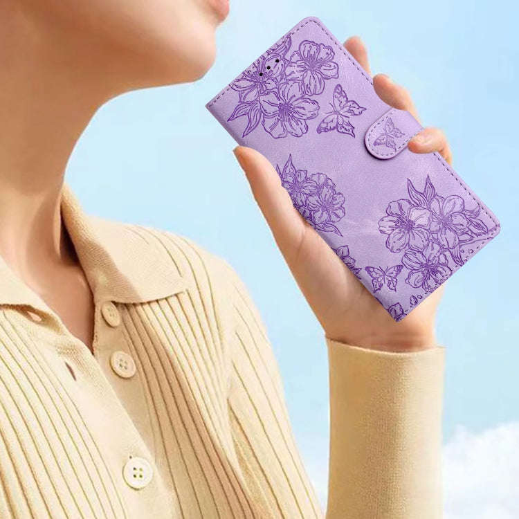 For Motorola Edge 50 Pro Cherry Blossom Butterfly Skin Feel Embossed PU Phone Case(Purple)