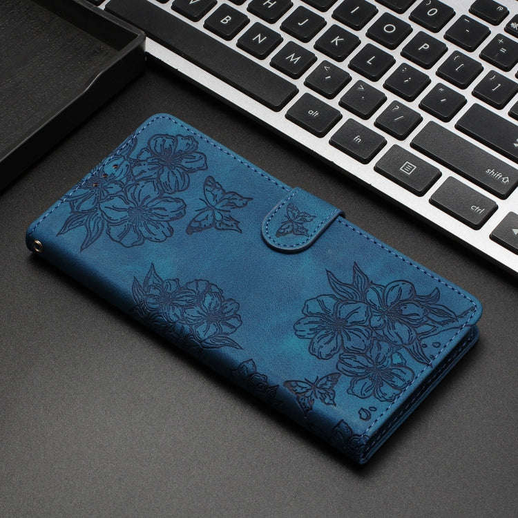For Motorola Edge 50 Pro Cherry Blossom Butterfly Skin Feel Embossed PU Phone Case(Blue)