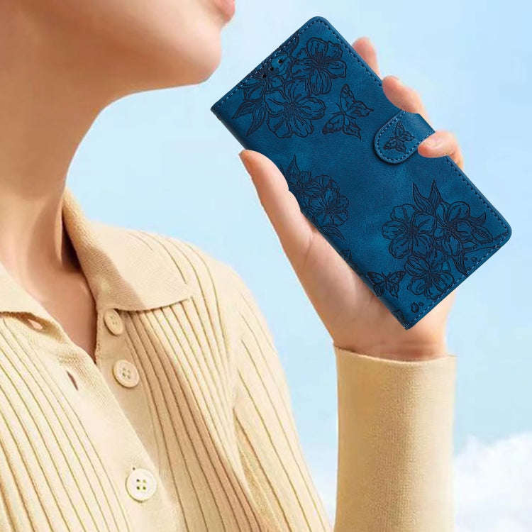 For Motorola Edge 50 Pro Cherry Blossom Butterfly Skin Feel Embossed PU Phone Case(Blue)