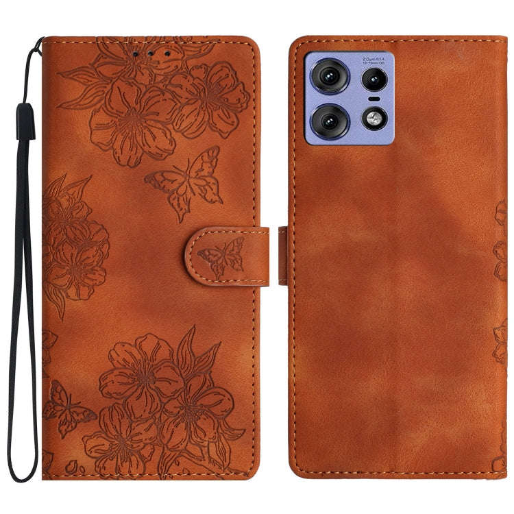 For Motorola Edge 50 Pro Cherry Blossom Butterfly Skin Feel Embossed PU Phone Case(Brown)