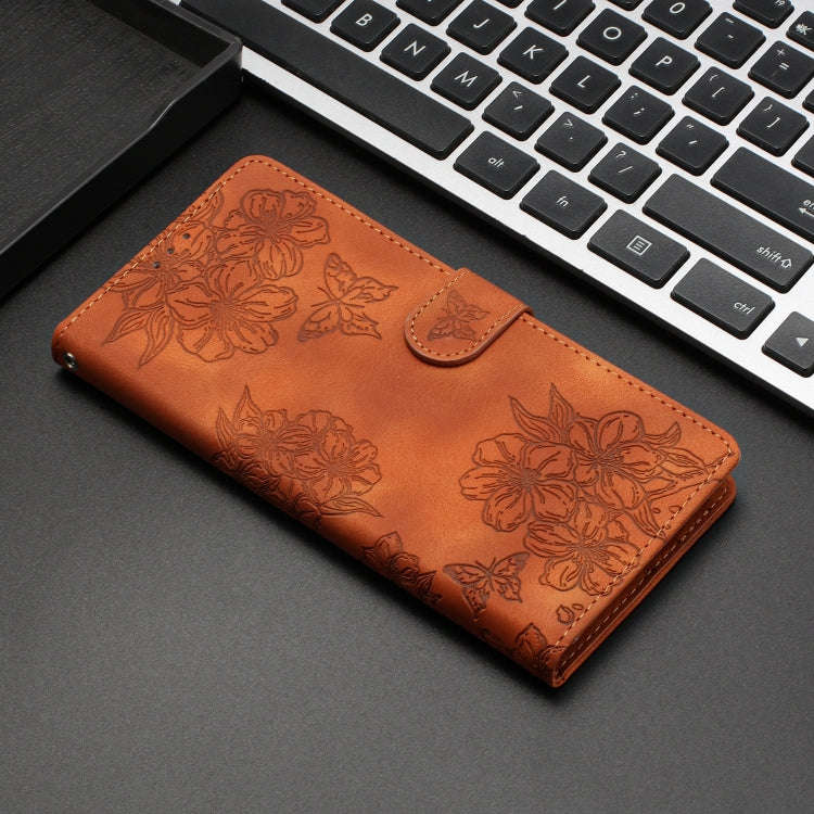 For Motorola Edge 50 Pro Cherry Blossom Butterfly Skin Feel Embossed PU Phone Case(Brown)