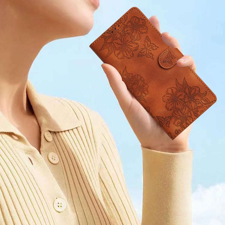 For Motorola Edge 50 Pro Cherry Blossom Butterfly Skin Feel Embossed PU Phone Case(Brown)