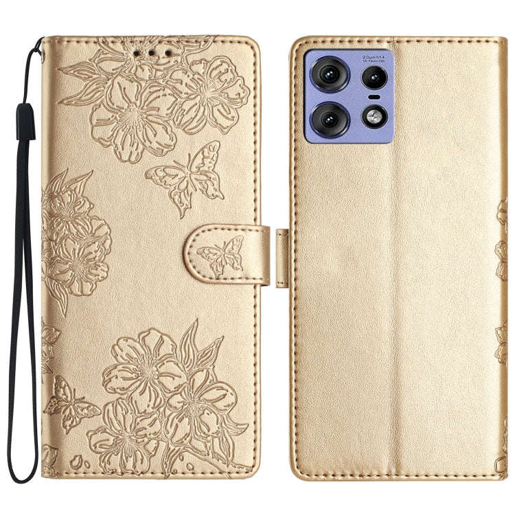 For Motorola Edge 50 Pro Cherry Blossom Butterfly Skin Feel Embossed PU Phone Case(Gold)