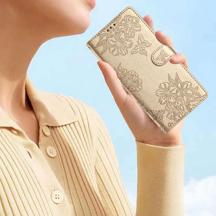 For Motorola Edge 50 Pro Cherry Blossom Butterfly Skin Feel Embossed PU Phone Case(Gold)