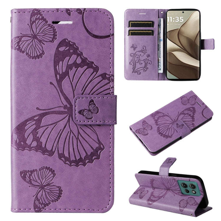 For Motorola Edge 50 5G 3D Butterfly Embossed Pattern Flip Leather Phone Case(Purple)