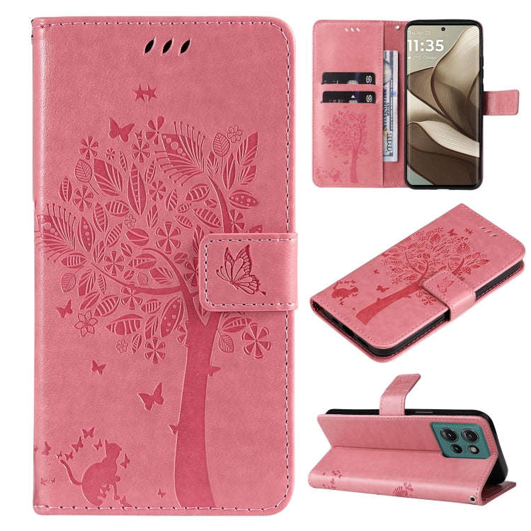 For Motorola Edge 50 5G Tree & Cat Embossed Pattern Flip Leather Phone Case(Pink)