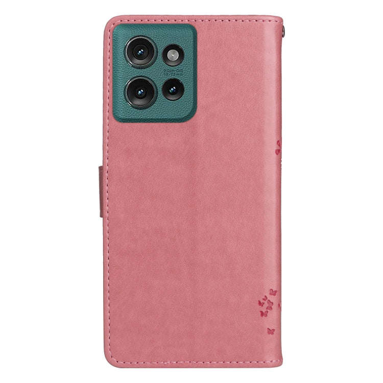 For Motorola Edge 50 5G Tree & Cat Embossed Pattern Flip Leather Phone Case(Pink)