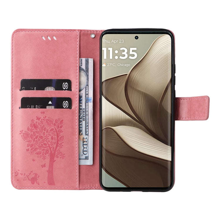 For Motorola Edge 50 5G Tree & Cat Embossed Pattern Flip Leather Phone Case(Pink)
