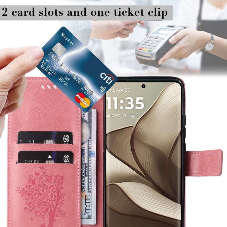 For Motorola Edge 50 5G Tree & Cat Embossed Pattern Flip Leather Phone Case(Pink)
