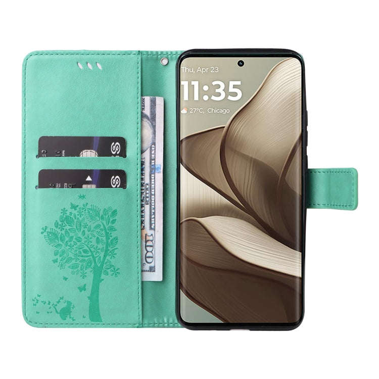 For Motorola Edge 50 5G Tree & Cat Embossed Pattern Flip Leather Phone Case(Green)