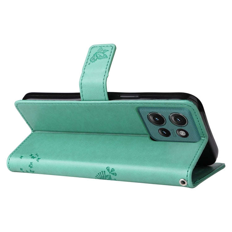 For Motorola Edge 50 5G Tree & Cat Embossed Pattern Flip Leather Phone Case(Green)