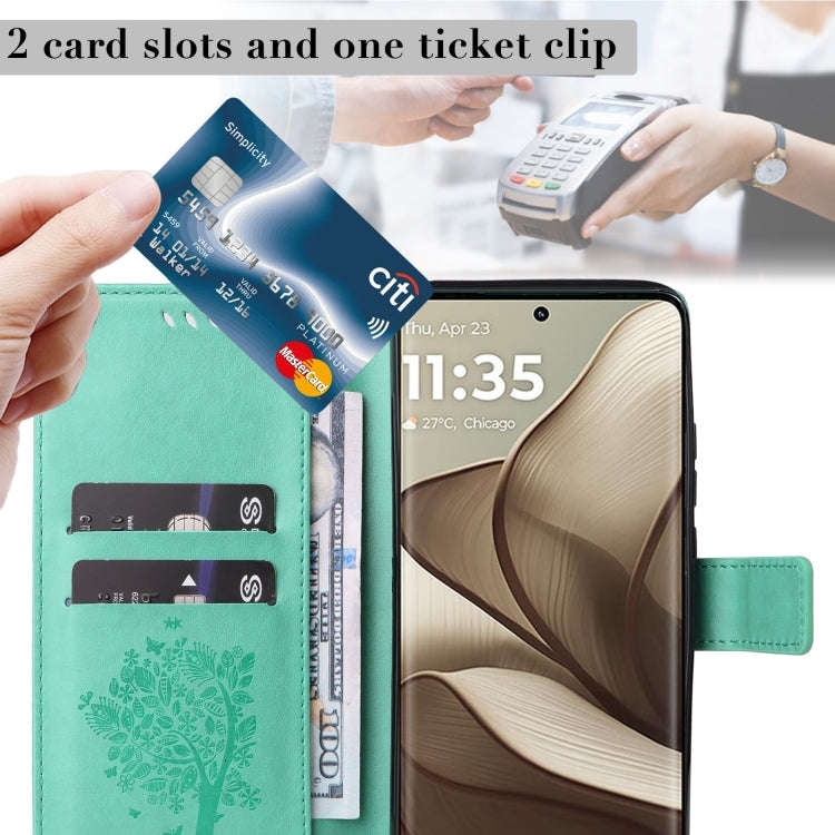 For Motorola Edge 50 5G Tree & Cat Embossed Pattern Flip Leather Phone Case(Green)