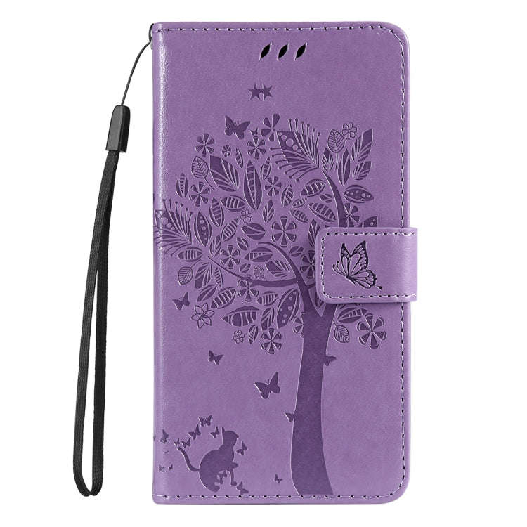 For Motorola Edge 50 5G Tree & Cat Embossed Pattern Flip Leather Phone Case(Light Purple)
