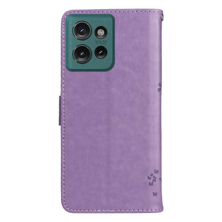 For Motorola Edge 50 5G Tree & Cat Embossed Pattern Flip Leather Phone Case(Light Purple)