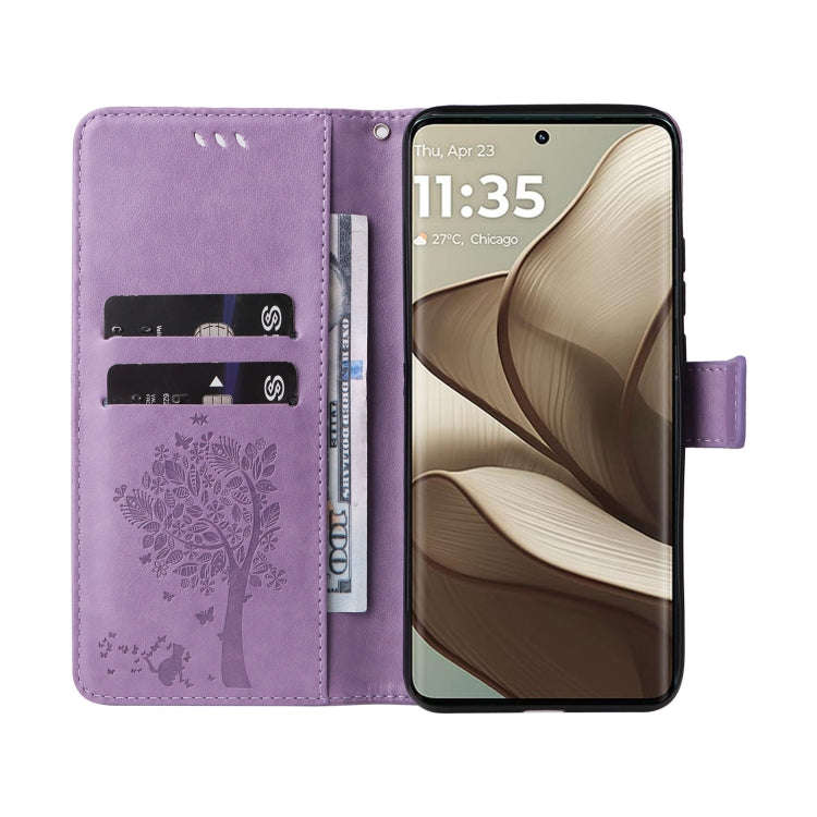 For Motorola Edge 50 5G Tree & Cat Embossed Pattern Flip Leather Phone Case(Light Purple)