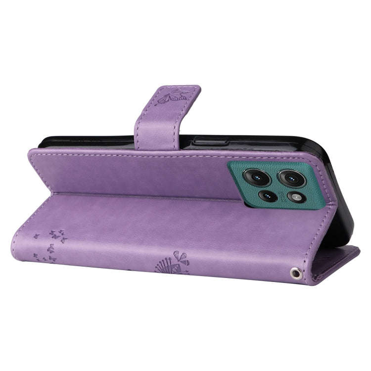 For Motorola Edge 50 5G Tree & Cat Embossed Pattern Flip Leather Phone Case(Light Purple)