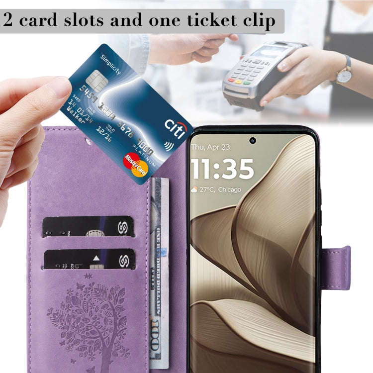For Motorola Edge 50 5G Tree & Cat Embossed Pattern Flip Leather Phone Case(Light Purple)