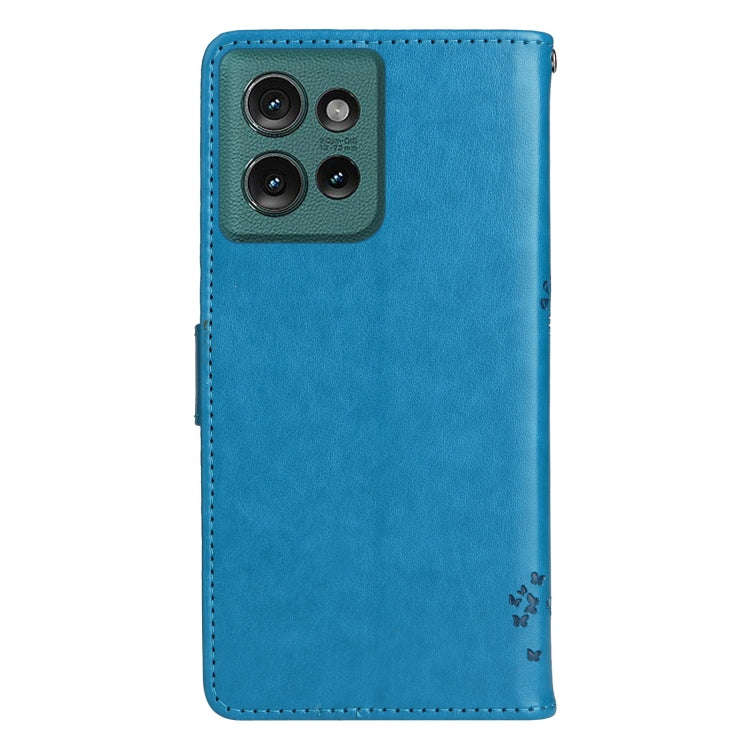 For Motorola Edge 50 5G Tree & Cat Embossed Pattern Flip Leather Phone Case(Blue)