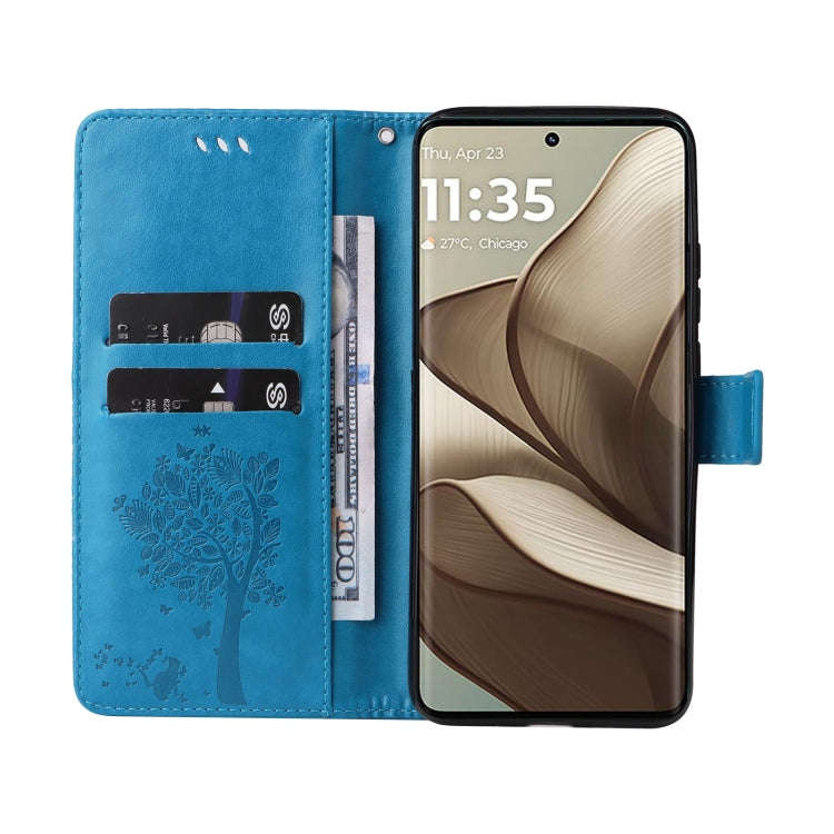 For Motorola Edge 50 5G Tree & Cat Embossed Pattern Flip Leather Phone Case(Blue)