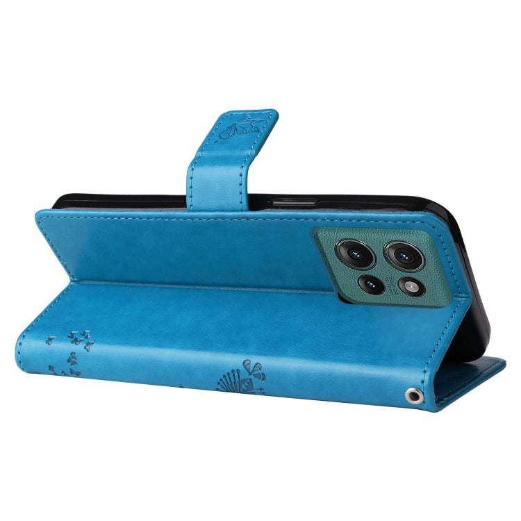 For Motorola Edge 50 5G Tree & Cat Embossed Pattern Flip Leather Phone Case(Blue)