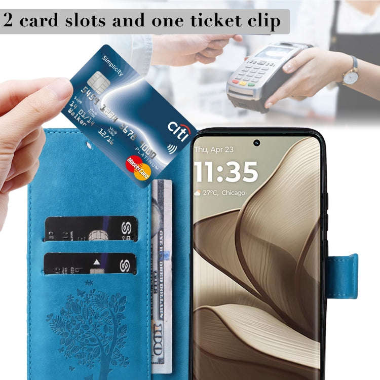 For Motorola Edge 50 5G Tree & Cat Embossed Pattern Flip Leather Phone Case(Blue)