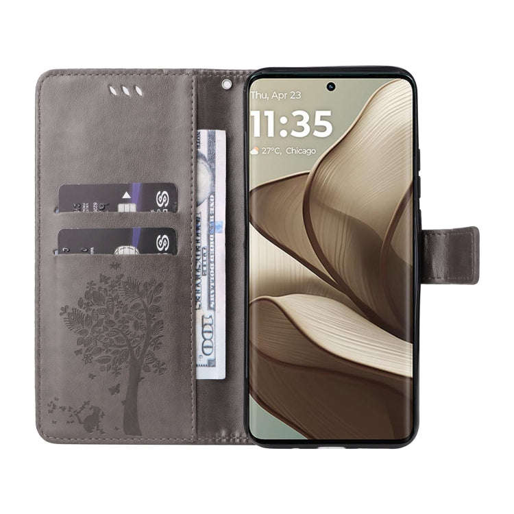 For Motorola Edge 50 5G Tree & Cat Embossed Pattern Flip Leather Phone Case(Grey)